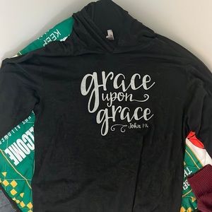 Thin light material sweatshirt with Bible quote on it